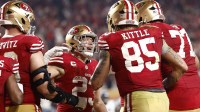 San Francisco 49ers running back Christian McCaffrey (23) reacts after scoring a touchdown against the Carolina Panthers during the second half at Levi's Stadium. Mandatory Credit: Kelley L Cox-Imagn Images