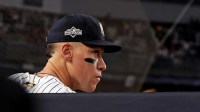 New York Yankees right fielder Aaron Judge (99) takes the field to play against the Toronto Blue Jays during game four of the ALDS round for the 2025 MLB playoffs at Yankee Stadium. Mandatory Credit: Vincent Carchietta-Imagn Images