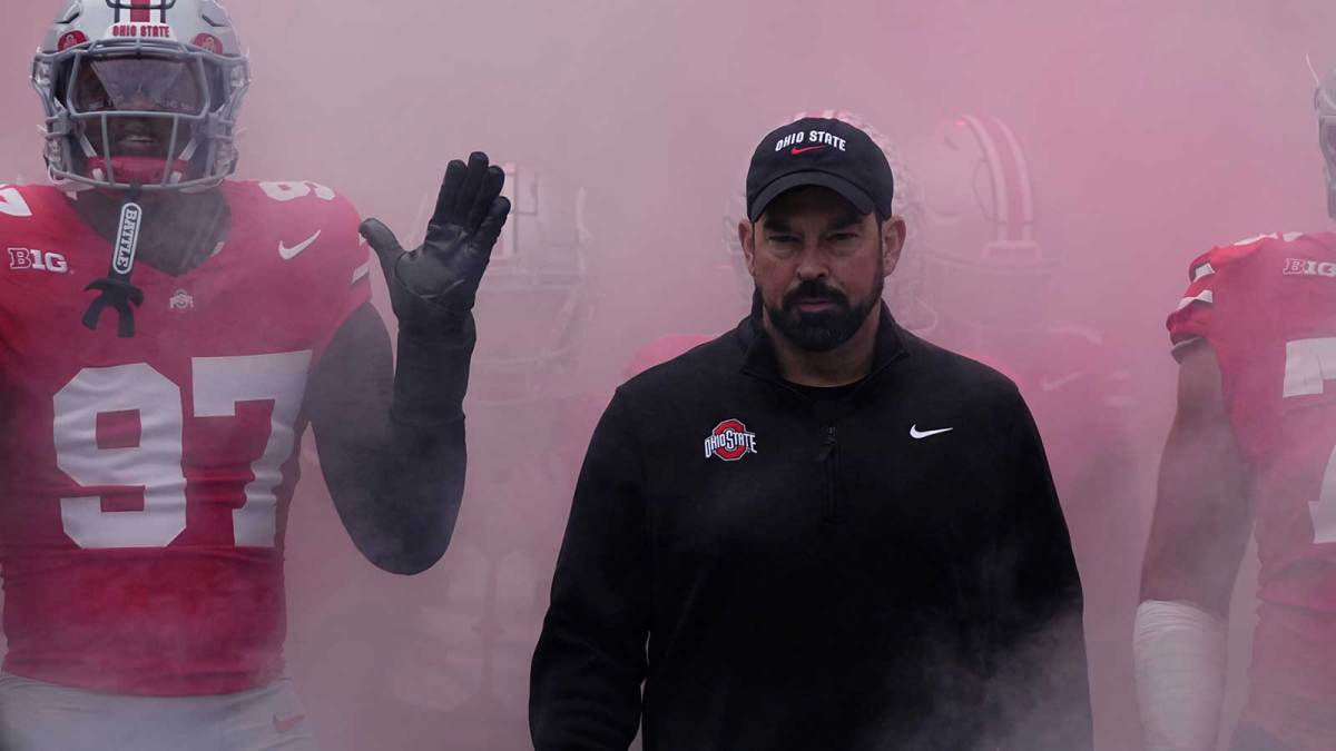 Ohio State Buckeyes head coach Ryan Day takes the field for the NCAA football game against the Penn State Nittany Lions at Ohio Stadium in Columbus.