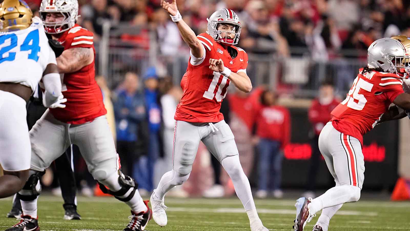 Ohio State Buckeyes quarterback Julian Sayin (10) passes during the NCAA football game against the UCLA Bruins at Ohio Stadium in Columbus on Nov. 15, 2025. Ohio State won 48-10.