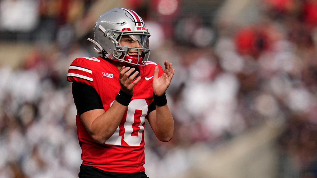 Ohio State Buckeyes quarterback Julian Sayin (10) celebrates during the NCAA football game against the Penn State Nittany Lions at Ohio Stadium in Columbus on Nov. 1, 2025.