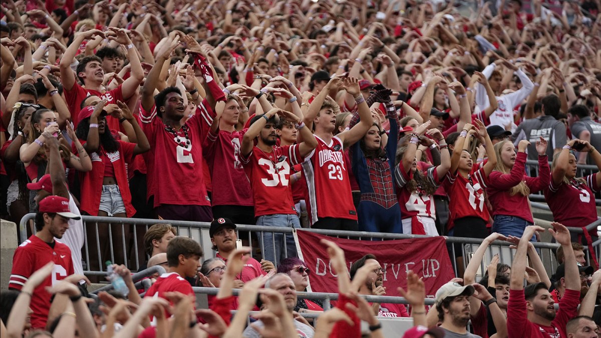 Ohio State Buckeyes fans and students cheer during the NCAA football game against the Ohio Bobcats.
