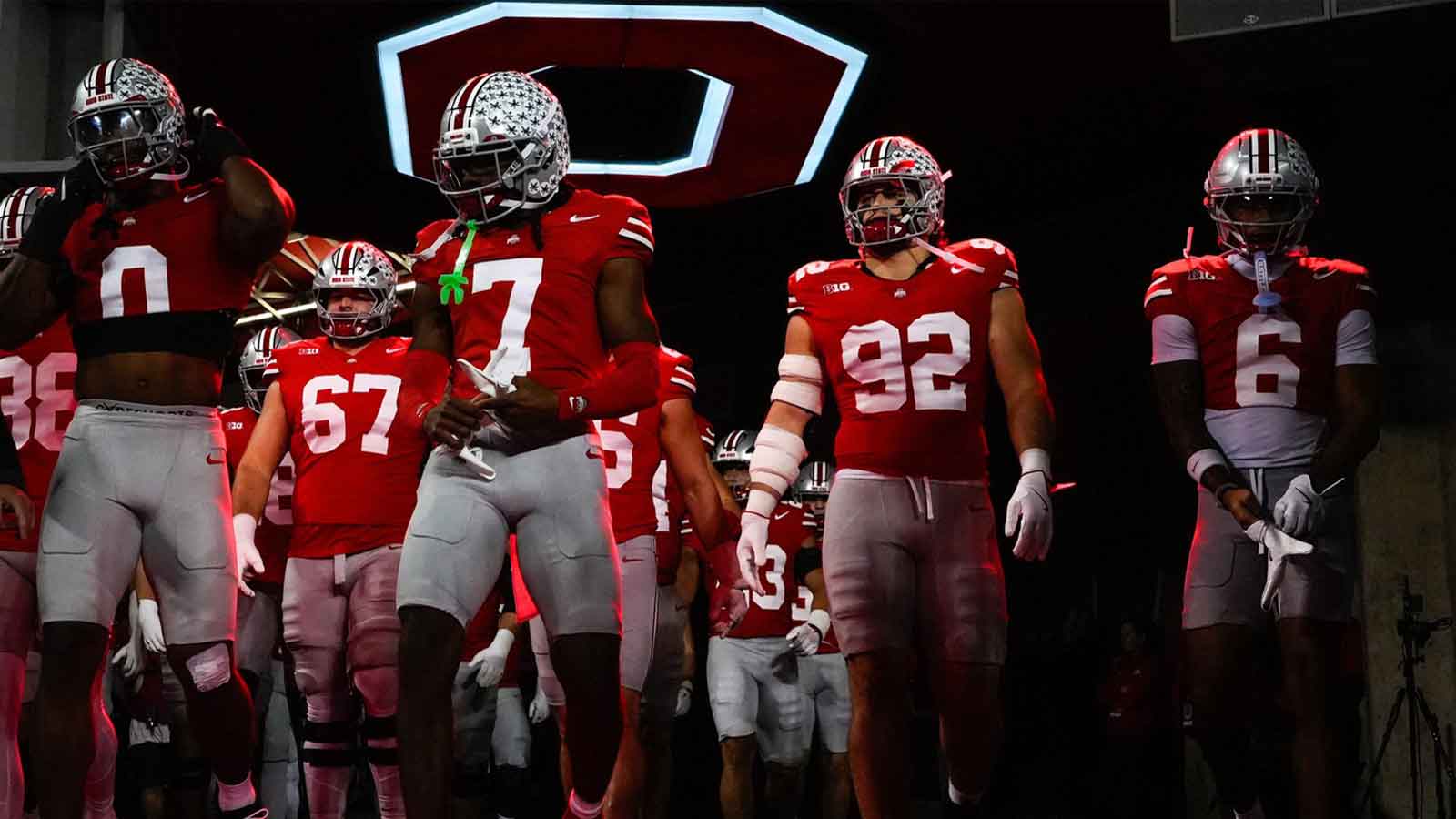 Ohio State Buckeyes take the field before the NCAA college football game against the UCLA Bruins at Ohio Stadium on Saturday, Nov. 15, 2025 in Columbus, Ohio.