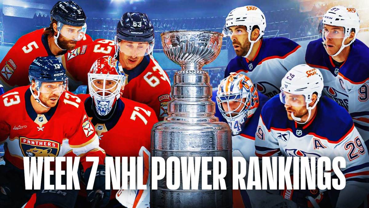 Brad Marchand, Sam Reinhart, Aaron Ekblad and Sergei Bobrovsky on one side, Connor McDavid, Leon Draisaitl, Evan Bouchard and Stuart Skinner on other side, Stanley Cup in middle, hockey rink in background