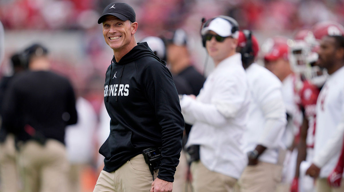 Oklahoma coach Brent Venables smiles during a college football game between the University of Oklahoma Sooners (OU) and the Ole Miss Rebels at Gaylord Family Ð Oklahoma Memorial Stadium in Norman, Okla., Saturday, Oct. 25, 2025. Ole Miss won 34-26.