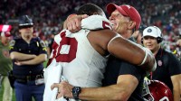 Oklahoma Sooners head coach Brent Venables celebrates with defensive lineman Gracen Halton (56) after Oklahoma defeated the Alabama Crimson Tide 23-21 at Saban Field at Bryant-Denny Stadium. Mandatory Credit: David Leong-Imagn Images
