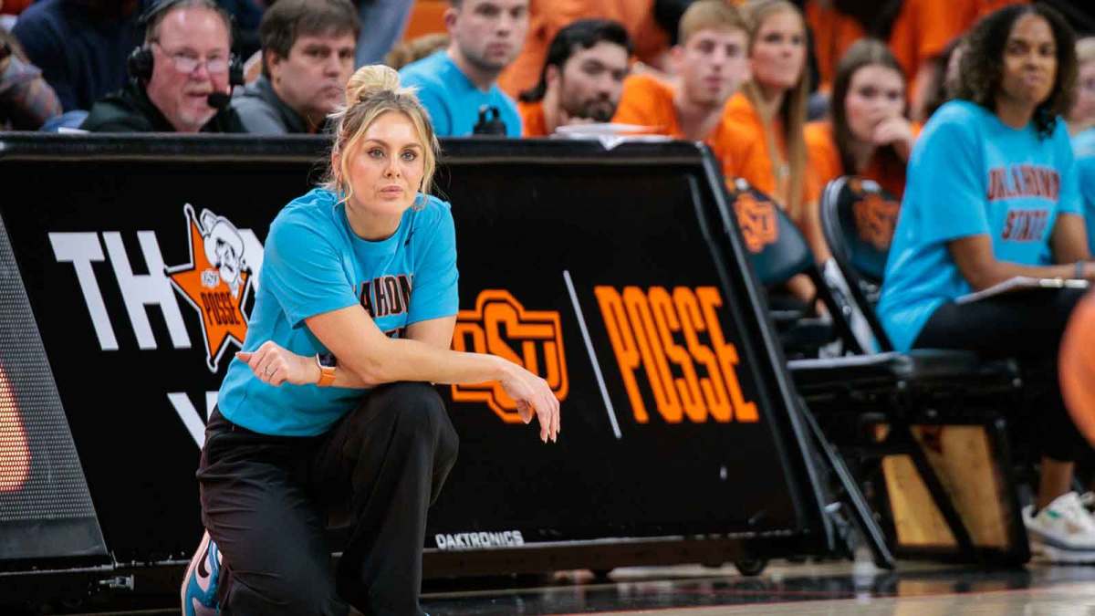 Oklahoma State Cowgirls coach Jaycie Hoyt watches game play during the first half against the Oral Roberts Golden Eagles.