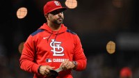 St. Louis Cardinals manager Oliver Marmol walks back to the dugout after a pitching change against the San Francisco Giants during the third inning at Oracle Park.