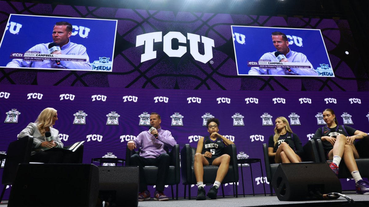 TCU head coach Mark Campbell and players Olivia Miles, Maddie Scherr and Marta Suarez speak to media during Big 12 Womenís Basketball Media Day.