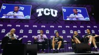 TCU head coach Mark Campbell and players Olivia Miles, Maddie Scherr and Marta Suarez speak to media during Big 12 Womenís Basketball Media Day.