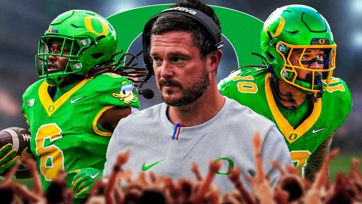 Dan Lanning in the middle, Noah Whittington and Matayo Uiagalelei on the outsides, Oregon logo in the background.