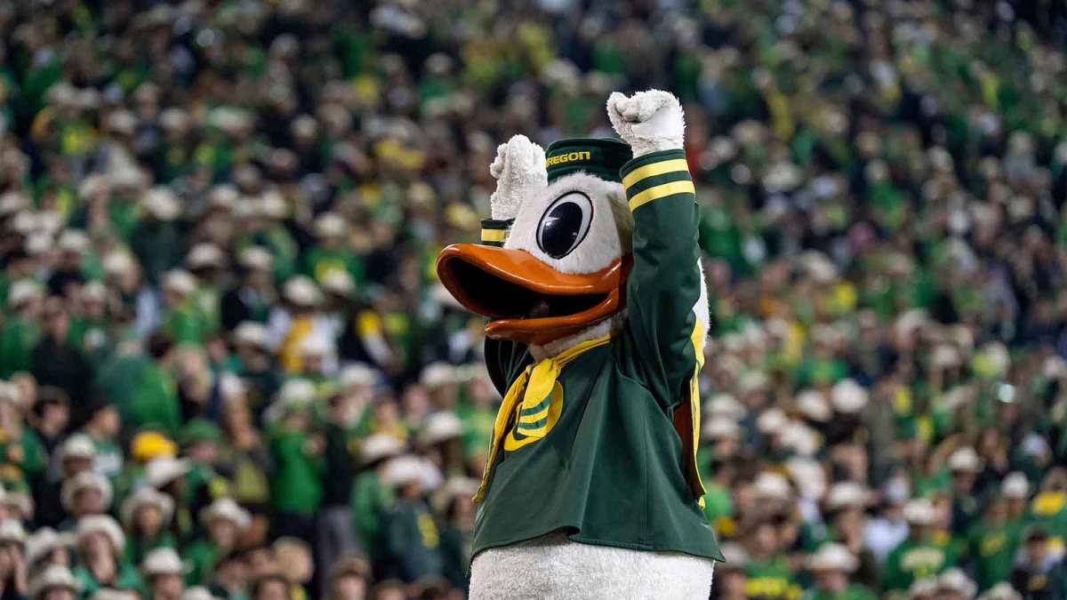 The Duck cheers after a touchdown as the Oregon Ducks host the Minnesota Golden Gophers at Autzen Stadium in Eugene, Oregon.