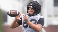 Oregon State's Riley Williams (88) catches the ball during the first day of spring practice at the Tommy Prothro Football Complex on Tuesday, March 4, 2025, in Corvallis, Ore.