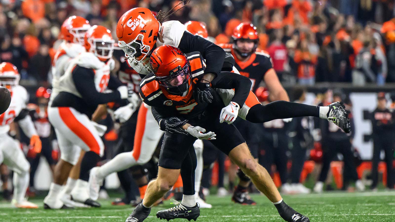 Sam Houston Bearkats defensive back Cecil Powell (2) deflects a pass intended for Oregon State Beavers wide receiver Trent Walker (7) during the fourth quarter at Reser Stadium.