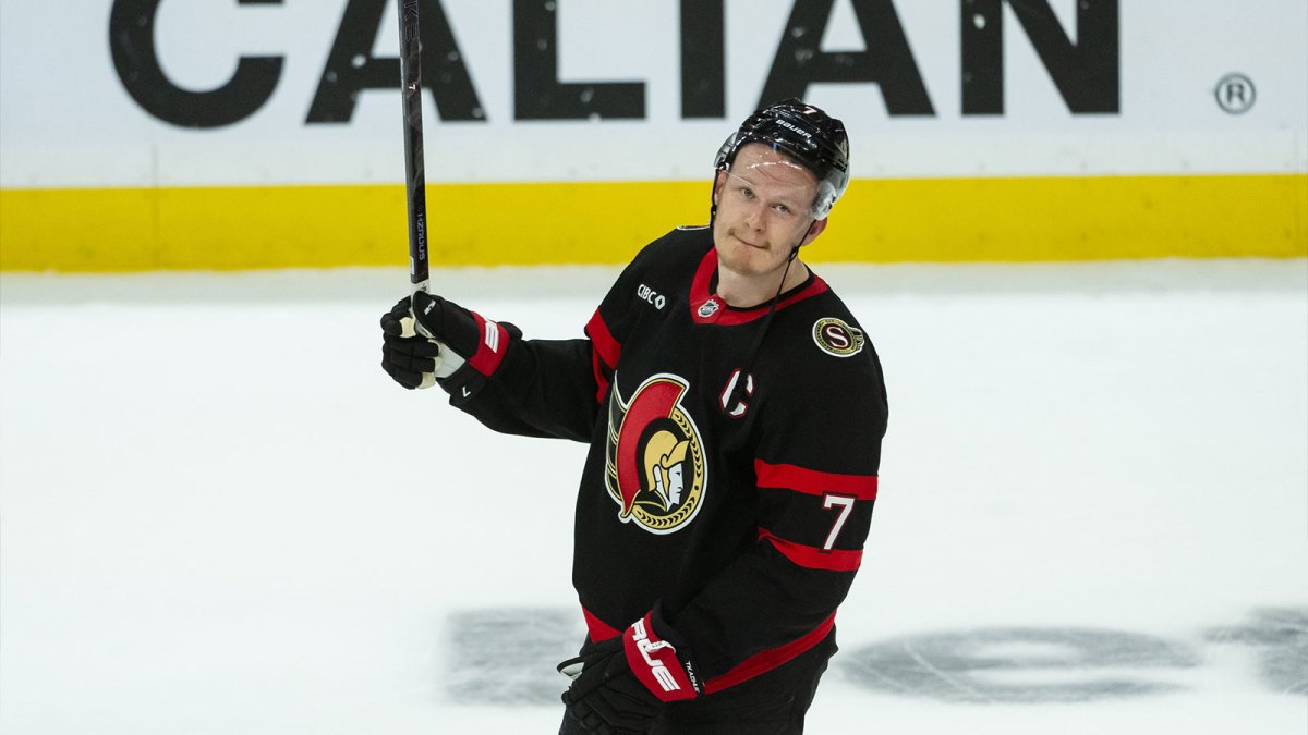 Ottawa Senators left wing Brady Tkachuk (7) acknowledges the crowd following the team loss against the Toronto Maple Leafs in game six of the first round of the 2025 Stanley Cup Playoffs at Canadian Tire Centre.