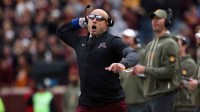 Minnesota Golden Gophers head coach P.J. Fleck reacts during the first half against the Michigan State Spartans at Huntington Bank Stadium.