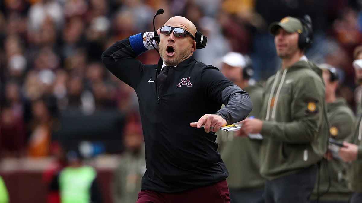 Minnesota Golden Gophers head coach P.J. Fleck reacts during the first half against the Michigan State Spartans at Huntington Bank Stadium.
