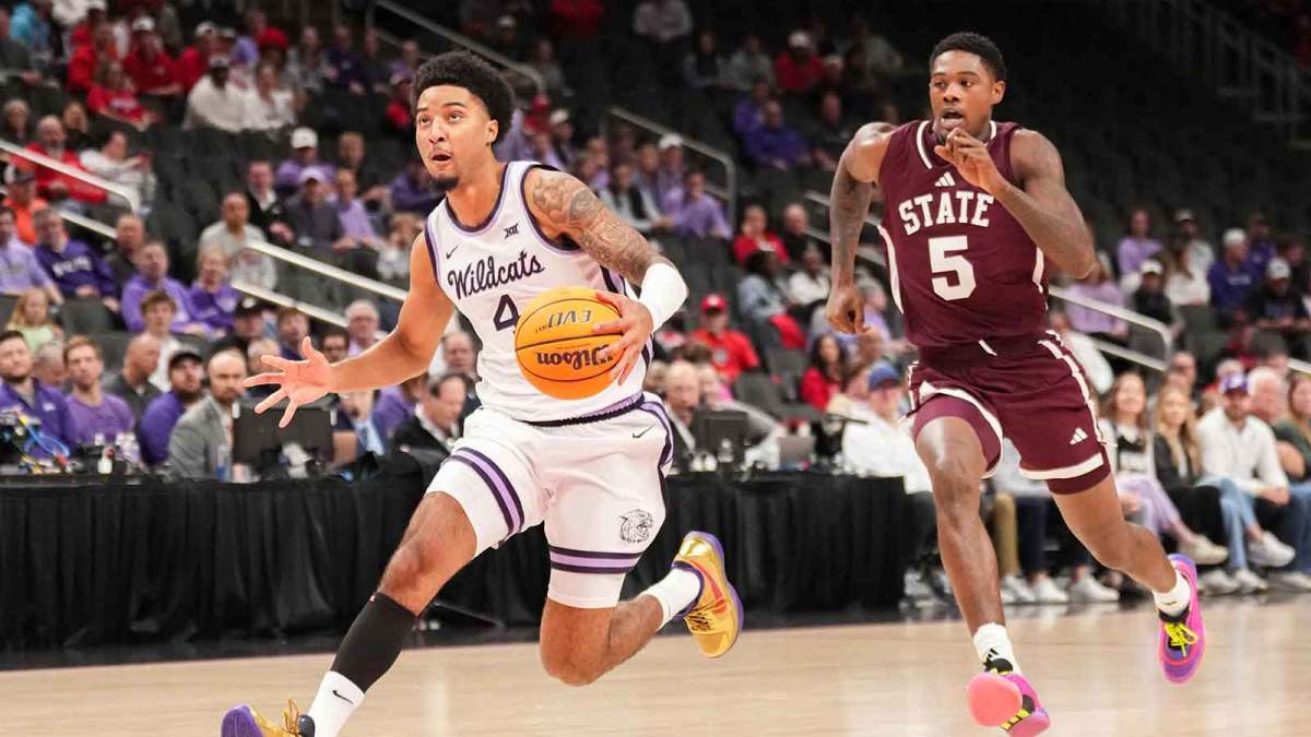 Kansas State Wildcats guard PJ Haggerty (4) dribbles the ball as Mississippi State Bulldogs guard Shawn Jones Jr. (5) defends during the first half of the game at T-Mobile Center.