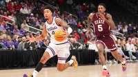 Kansas State Wildcats guard PJ Haggerty (4) dribbles the ball as Mississippi State Bulldogs guard Shawn Jones Jr. (5) defends during the first half of the game at T-Mobile Center.