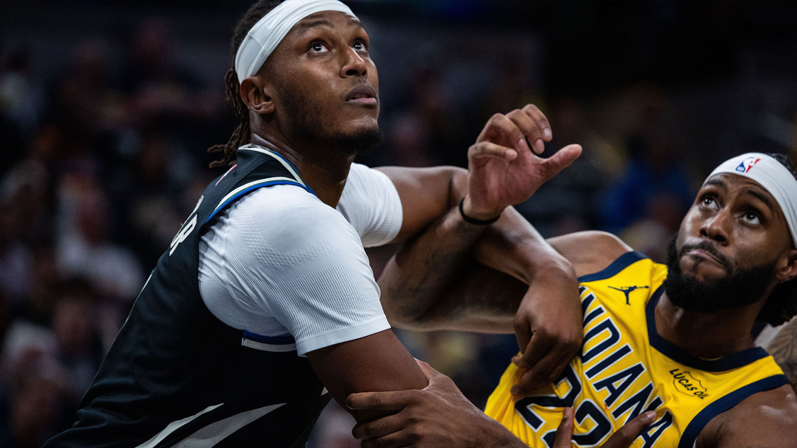 Bucks center/forward Myles Turner (3) and Indiana Pacers forward Isaiah Jackson (22) fight for position in the first half at Gainbridge Fieldhouse
