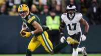 Green Bay Packers wide receiver Christian Watson (9) turns upfield after catching a pass against the Philadelphia Eagles.