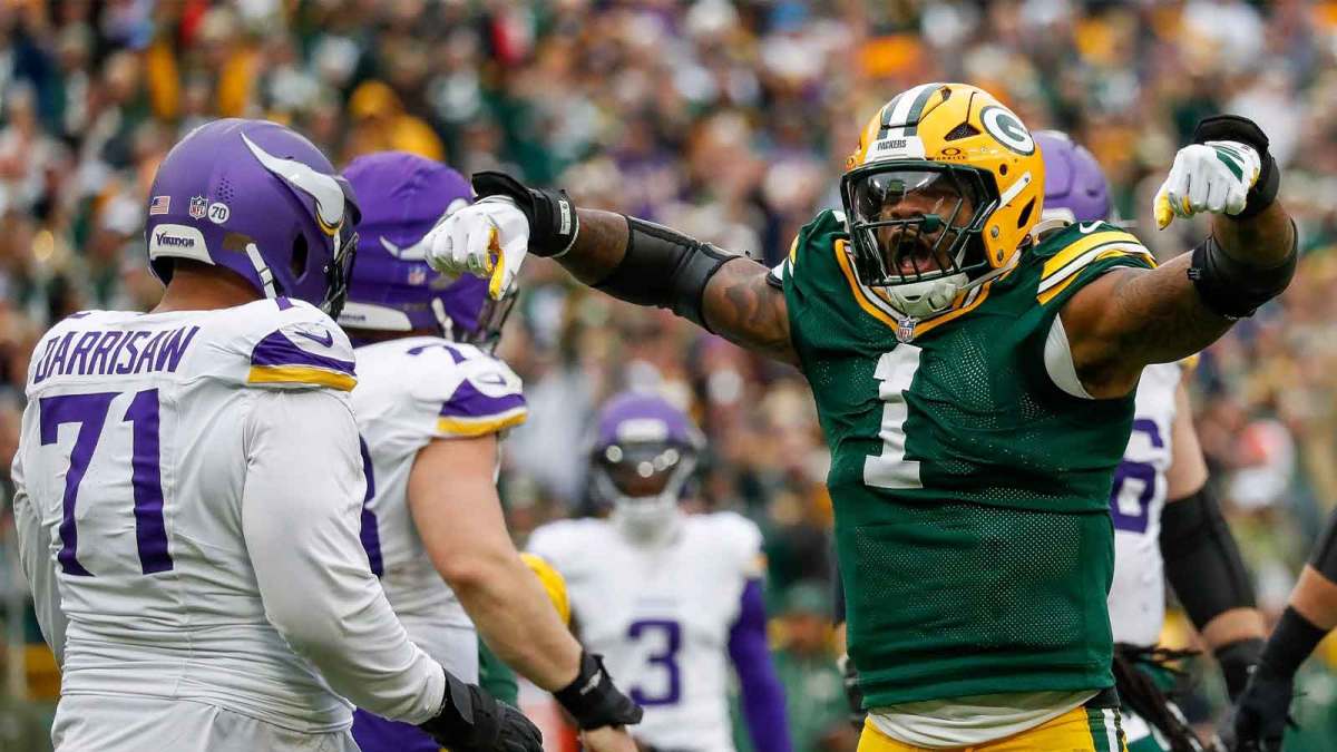 Green Bay Packers defensive end Micah Parsons (1) celebrates after sacking Minnesota Vikings quarterback J.J. McCarthy (9) on Sunday, November 23, 2025, at Lambeau Field in Green Bay, Wis. The Packers won the game, 23-6.