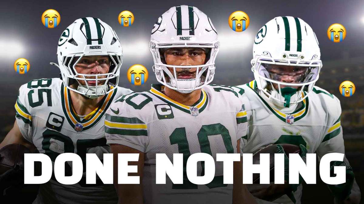 Jordan Love in a Packers jersey, Tucker Kraft, Matthew Golden around him, Packers wallpaper in the background