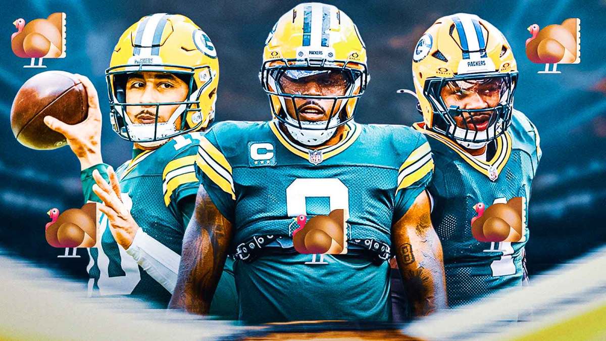 Green Bay Packers QB Jordan Love with RB Josh Jacobs and EDGE Micah Parsons. There are surrounded by turkey emojis (🦃).