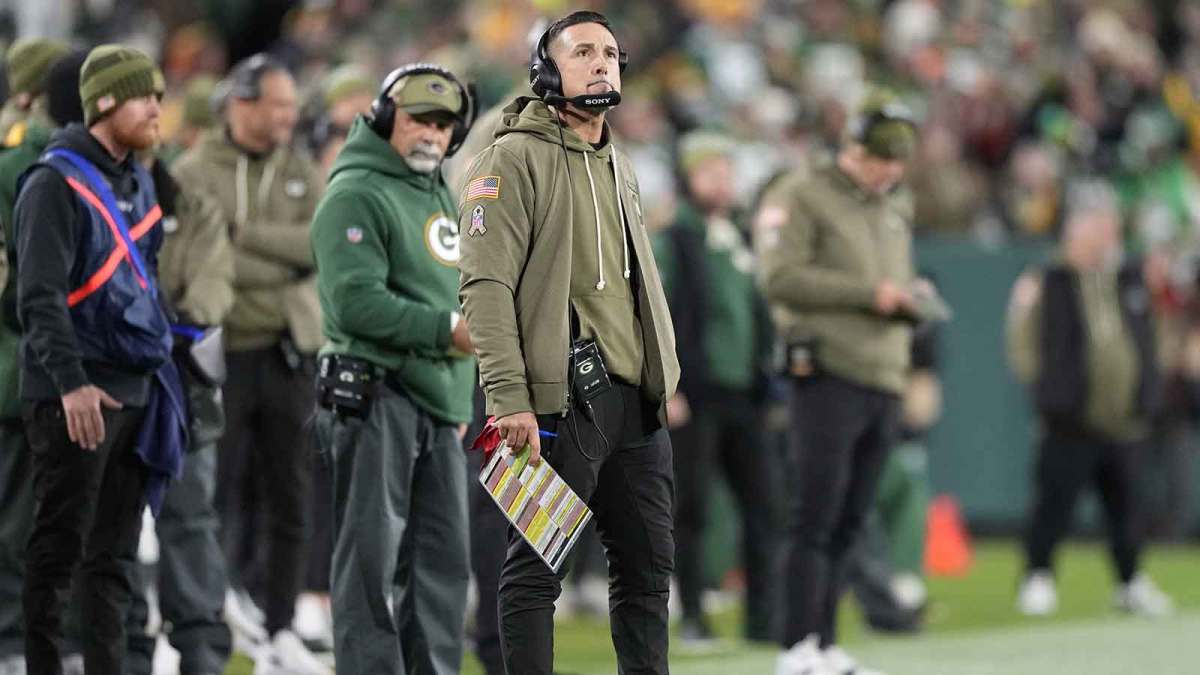 Green Bay Packers head coach Matt LaFleur looks on from the sidelines against the Philadelphia Eagles in the second half at Lambeau Field.