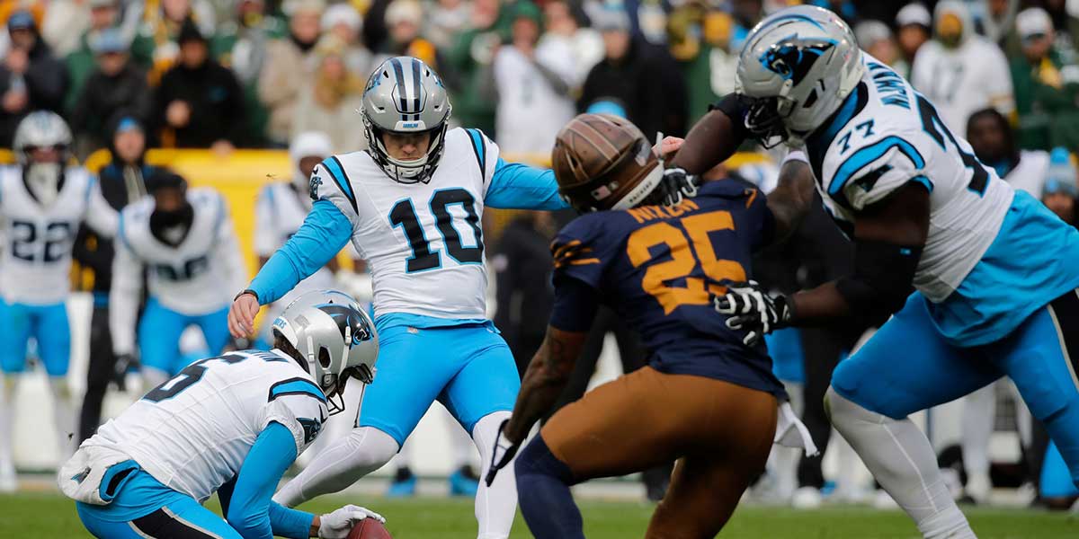 Carolina Panthers place kicker Ryan Fitzgerald (10) kicks the game-winning field goal against the Green Bay Packers as time expires during their football game Sunday, November 2, 2025, at Lambeau Field in Green Bay, Wisconsin. Carolina won 16-13.