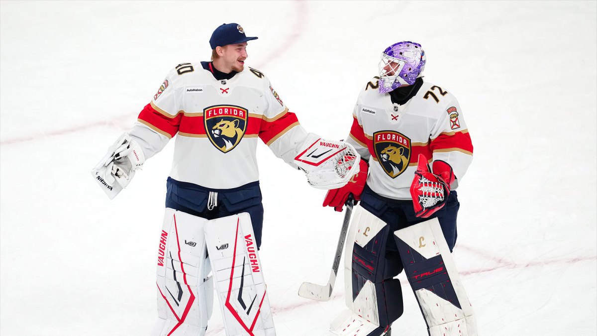 Florida Panthers goaltender Daniil Tarasov (40) and goaltender Sergei Bobrovsky (72) skate off the ice after the Panthers defeated the Vegas Golden Knights 3-2 at T-Mobile Arena.