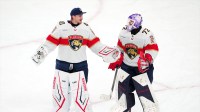 Florida Panthers goaltender Daniil Tarasov (40) and goaltender Sergei Bobrovsky (72) skate off the ice after the Panthers defeated the Vegas Golden Knights 3-2 at T-Mobile Arena.