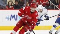 Detroit Red Wings right wing Patrick Kane (88) handles the puck during the first period against the Tampa Bay Lightning at Little Caesars Arena.