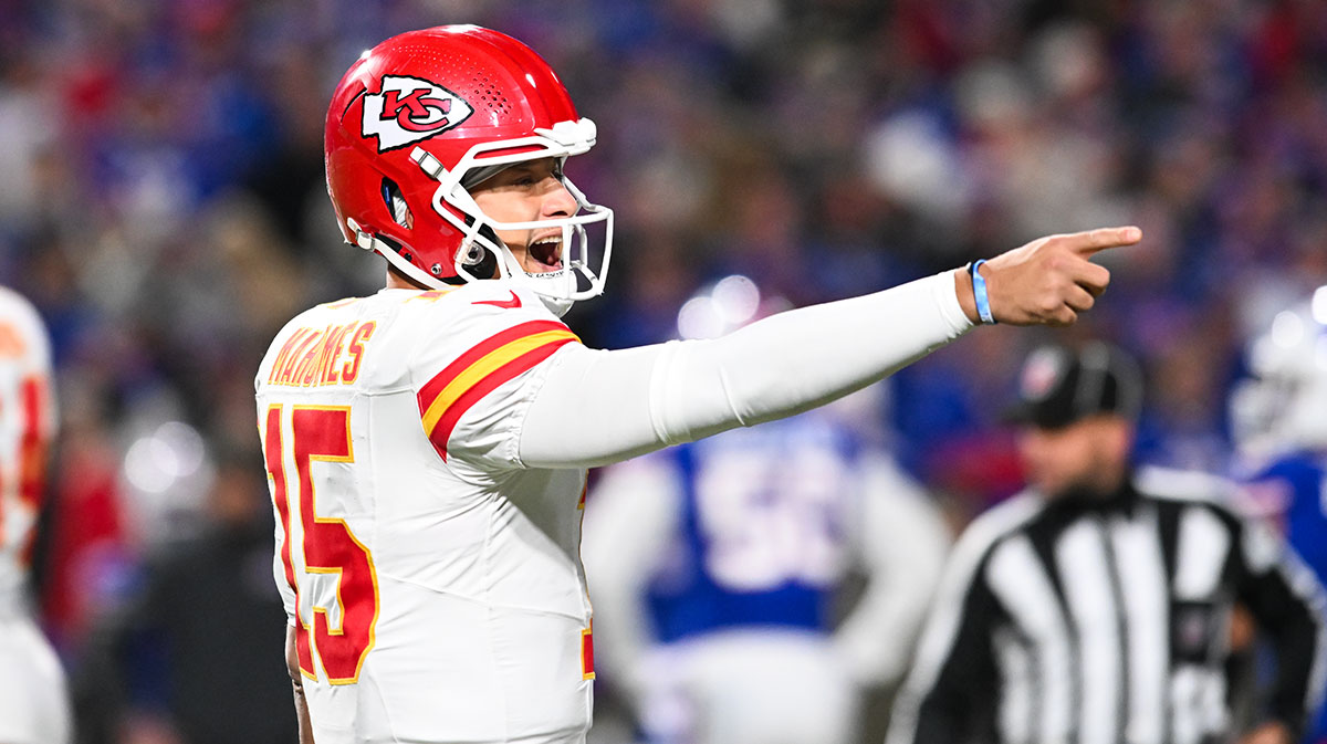 Kansas City Chiefs quarterback Patrick Mahomes (15) reacts in the second half against the Buffalo Bills at Highmark Stadium.