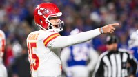 Kansas City Chiefs quarterback Patrick Mahomes (15) reacts in the second half against the Buffalo Bills at Highmark Stadium.