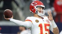 Kansas City Chiefs quarterback Patrick Mahomes (15) warms up prior to the game against the Dallas Cowboys at AT&T Stadium.