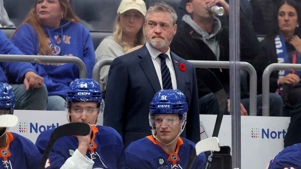 New York Islanders head coach Patrick Roy coaches against the Minnesota Wild during the first period at UBS Arena.