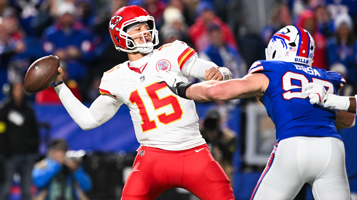 Kansas City Chiefs quarterback Patrick Mahomes (15) throws the ball in the second half against the Buffalo Bills at Highmark Stadium.