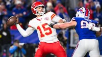 Kansas City Chiefs quarterback Patrick Mahomes (15) throws the ball in the second half against the Buffalo Bills at Highmark Stadium.