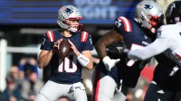 New England Patriots quarterback Drake Maye (10) looks to pass against the Atlanta Falcons during the first quarter at Gillette Stadium.