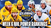Steven Stamkos, Filip Forsberg and Ryan O'Reilly on one side, Sidney Crosby, Evgeni Malkin and Erik Karlsson on other side, NHL Global Series Sweden 2025 logo in middle, hockey rink in background