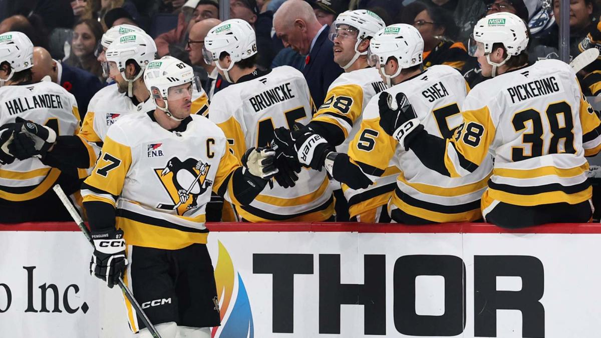Pittsburgh Penguins center Sidney Crosby (87) shakes hands with his teammates on the bench after scoring a goal against the Winnipeg Jets in the second period at Canada Life Centre.