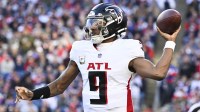 Atlanta Falcons quarterback Michael Penix Jr. (9) passes against the New England Patriots during the third quarter at Gillette Stadium
