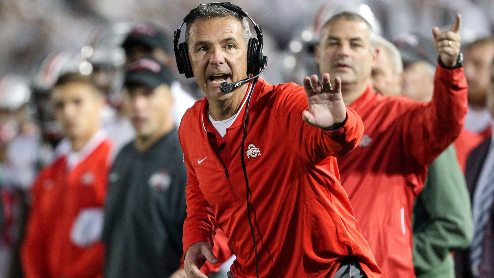 Ohio State Buckeyes head coach Urban Meyer signals from the sideline during the fourth quarter against the Penn State Nittany Lions at Beaver Stadium.