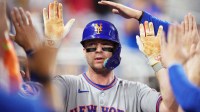 New York Mets first baseman Pete Alonso (20) celebrates his solo home run against the Miami Marlins in the third inning at loanDepot Park.