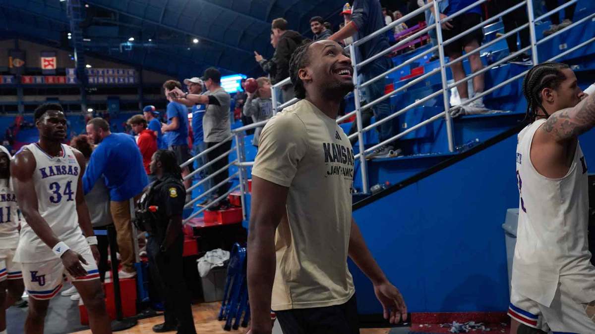 Kansas Jayhawks guard Darryn Peterson (22) walks off the court following the game against Texas A&M-Corpus Christi Islanders inside Allen Fieldhouse on Nov. 11, 2025.