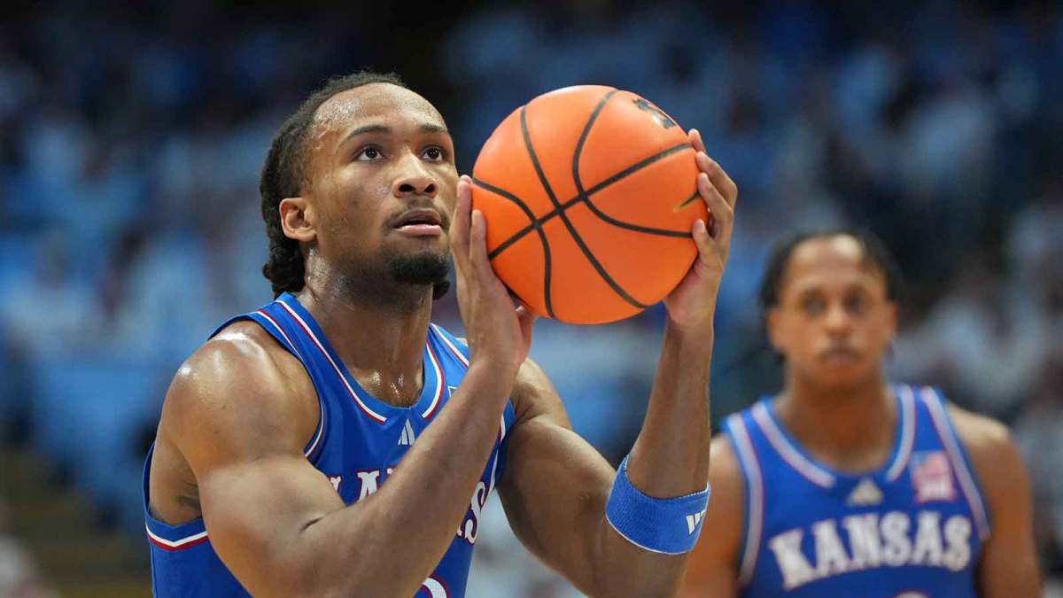 Kansas Jayhawks guard Darryn Peterson (22) on the line in the first half at Dean E. Smith Center.