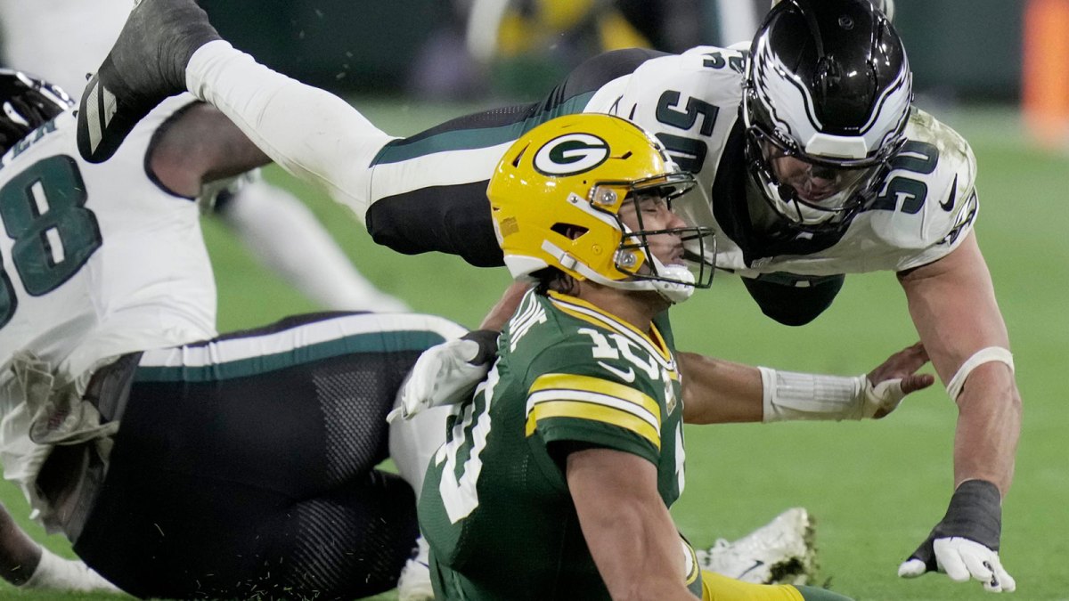 Philadelphia Eagles linebacker Jaelan Phillips (50) pressures Green Bay Packers quarterback Jordan Love (10) during the fourth quarter of their game Monday, November 10, 2025 at Lambeau Field in Green Bay, Wisconsin.