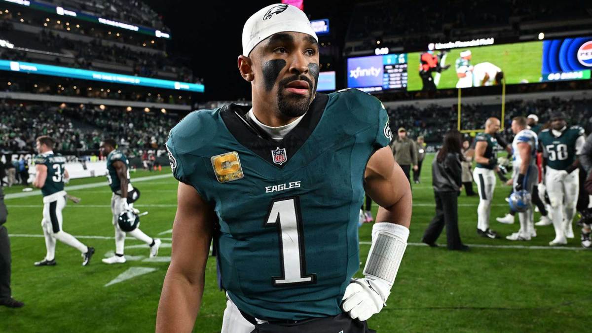 Philadelphia Eagles quarterback Jalen Hurts (1) reacts after the game against the Detroit Lions at Lincoln Financial Field.