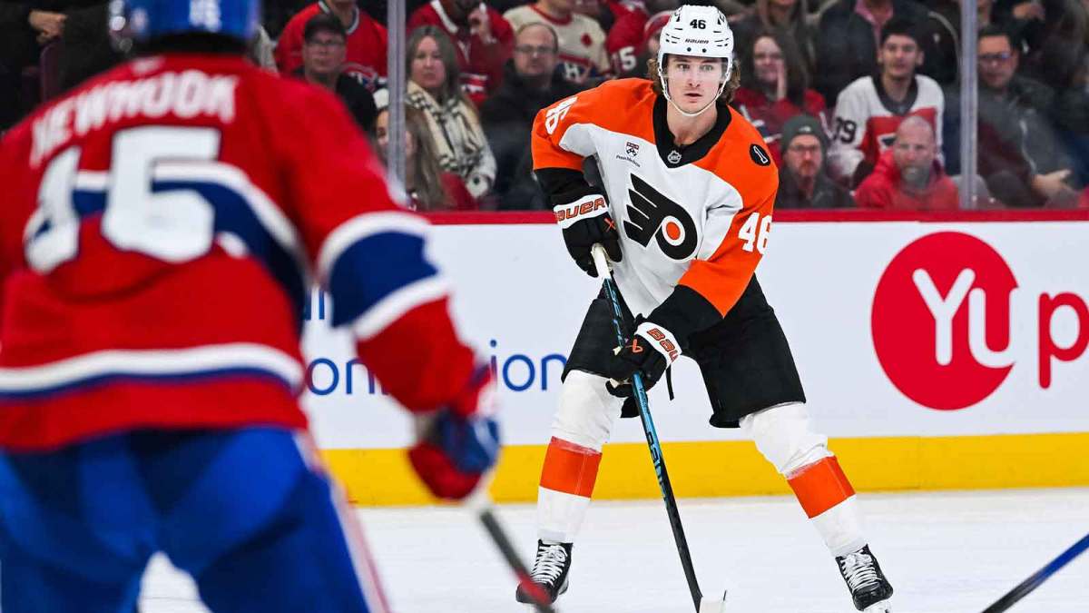 Philadelphia Flyers center Trevor Zegras (46) considers his options with the puck against the Montreal Canadiens during the third period at Bell Centre.